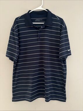 Nike Navy and White Striped Polo Shirt